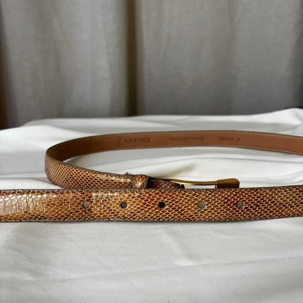 DKNY Italian Calfskin Snakeskin Belt XL Tan‎ Minimal Gold Buckle